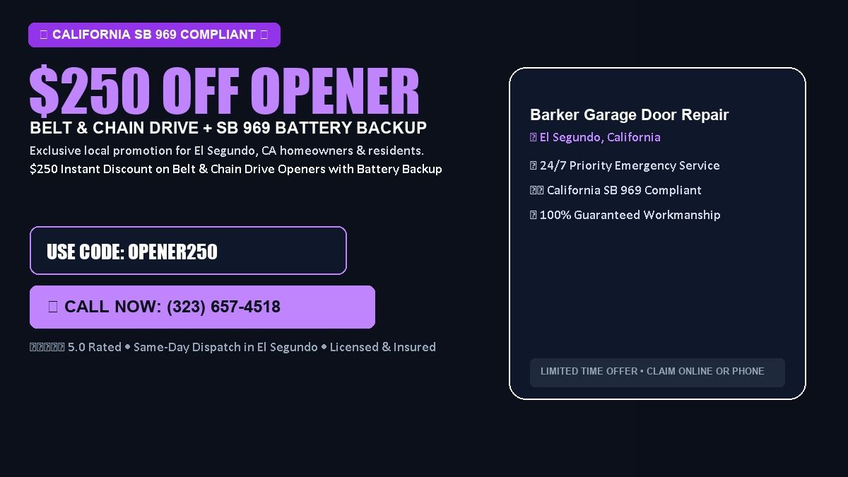 Barker Garage Door Repair $250 OFF Premium LiftMaster Opener Installation in El Segundo, CA